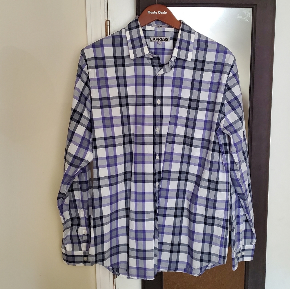Express Purple Checkered Fitted 1MX Shirt